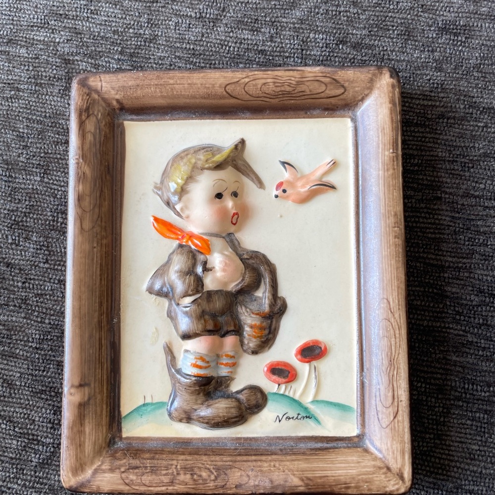 Napco vintage 3D hand painted wall plaque boy and bird  5" x 4"